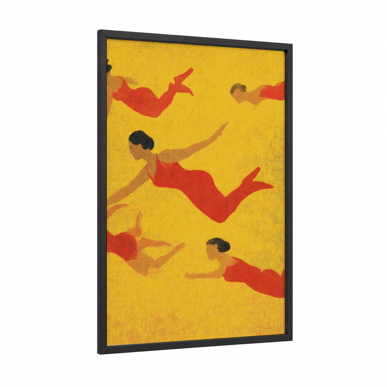 Crimson Swimmers framed synchronized swimming print — black wood frame — yellow gold and red palette