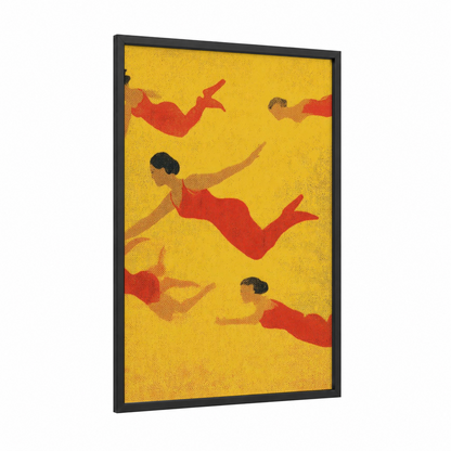 Crimson Swimmers framed synchronized swimming print — black wood frame — yellow gold and red palette