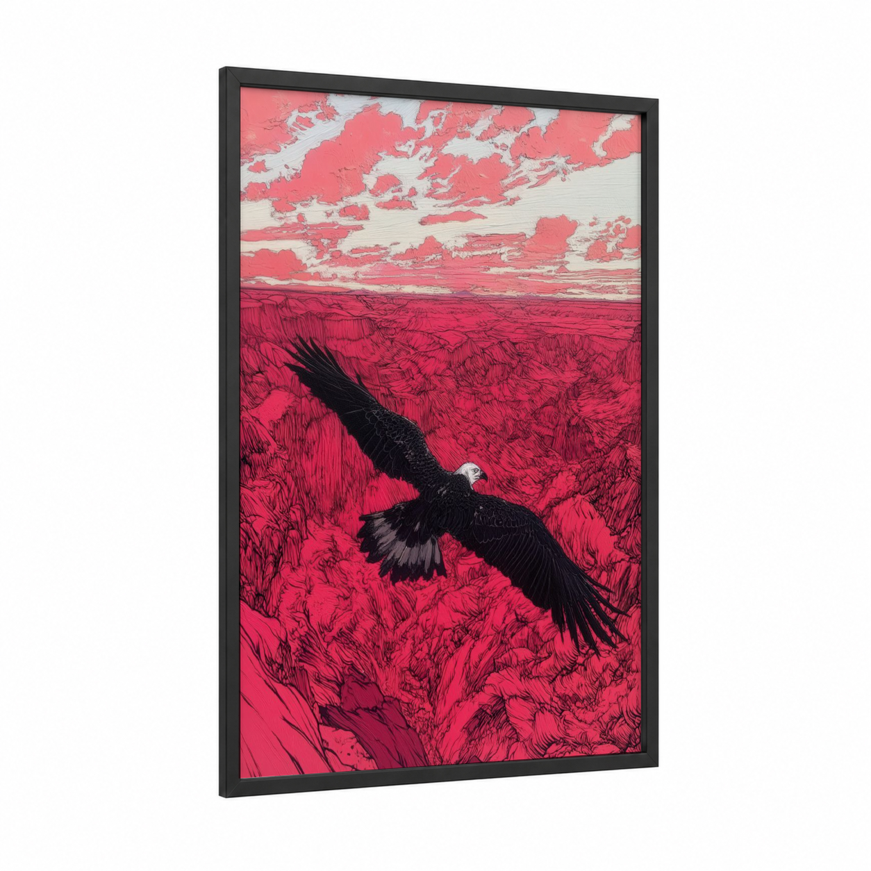 Crimson Eagle Flight framed art print — black wood frame — magenta and cream palette