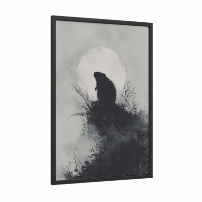 Moonlit Beaver framed art print — black wood frame — black and white and gray palette