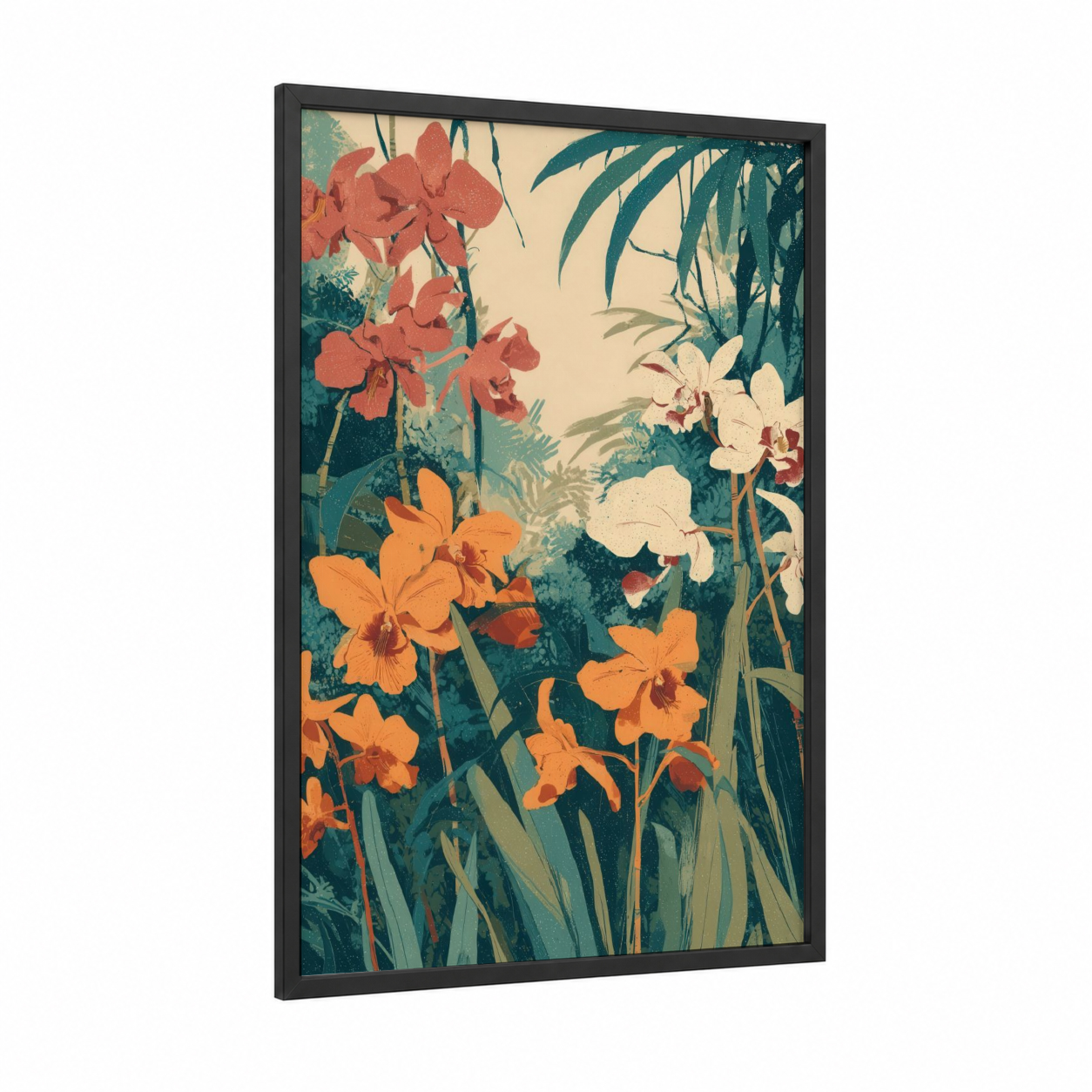 Tropical Orchid Garden framed art print — black wood frame — teal and orange palette