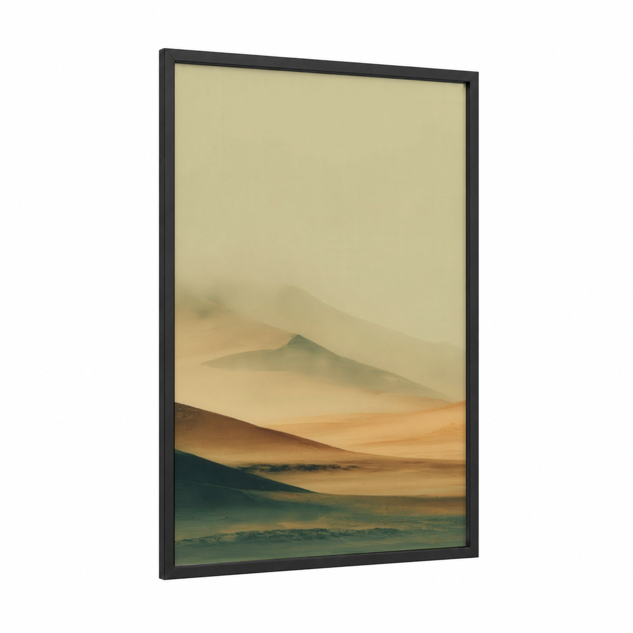 Misty Dune Layers framed art print — black wood frame — cream and sage green palette