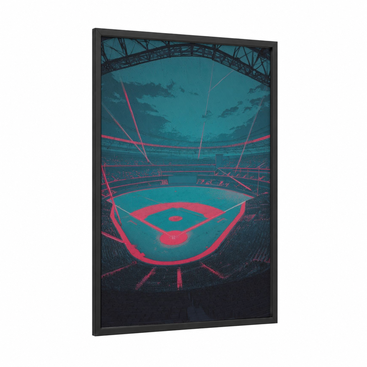 Neon Stadium framed baseball print — black wood frame — teal and magenta palette