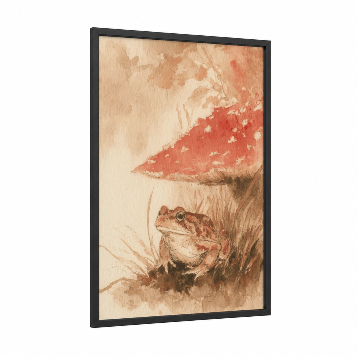 Toad Under Mushroom framed frogs and toads print — black wood frame — peach and beige palette