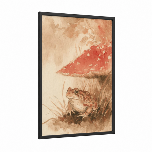 Toad Under Mushroom framed frogs and toads print — black wood frame — peach and beige palette