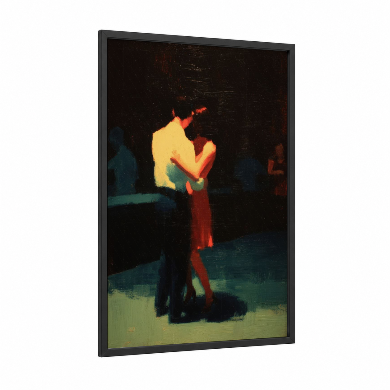 Luminous Swing framed swing dance print — black wood frame — gold and black palette