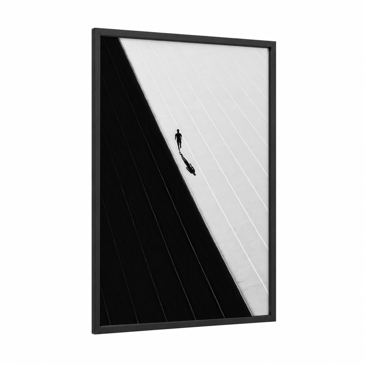 Minimalist Runner framed track and field print — black wood frame — black and white palette