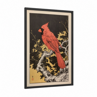 Crimson Cardinal Perch framed art print — black wood frame — red and gold palette