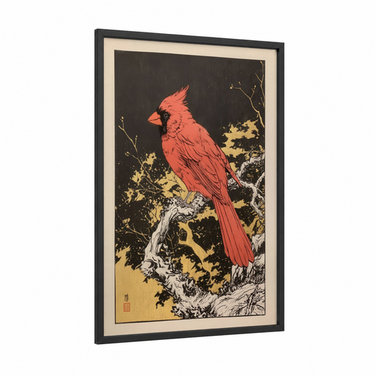 Crimson Cardinal Perch framed art print — black wood frame — red and gold palette