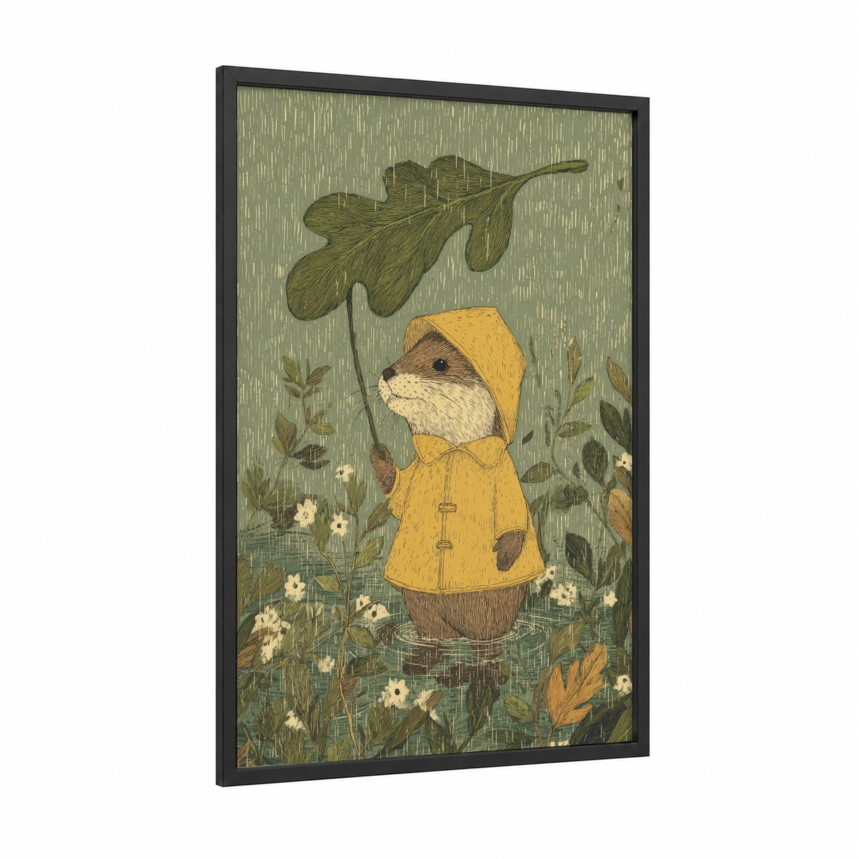 Rainy Day Weasel framed art print — black wood frame — sage green and yellow gold palette