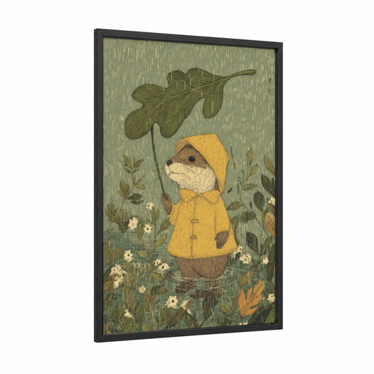 Rainy Day Weasel framed art print — black wood frame — sage green and yellow gold palette