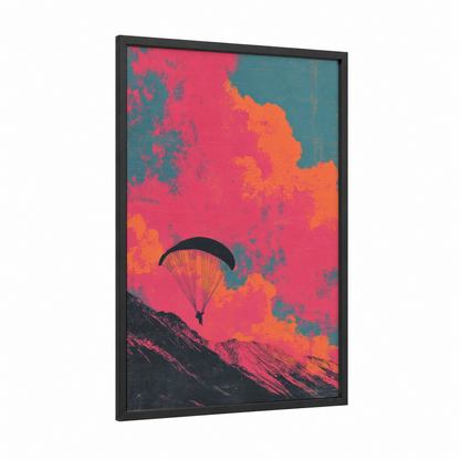 Neon Paragliding framed art print — black wood frame — magenta and orange palette