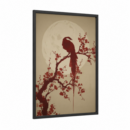 Cherry Blossom Phoenix framed art print — black wood frame — maroon and cream palette
