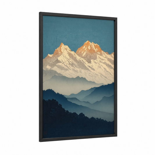 Golden Himalayan Peaks framed himalayas print — black wood frame — blue and gold palette