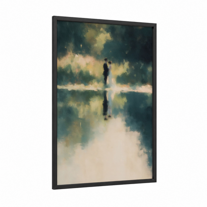 Misty Embrace framed groom and bride print — black wood frame — gray and pink and teal palette