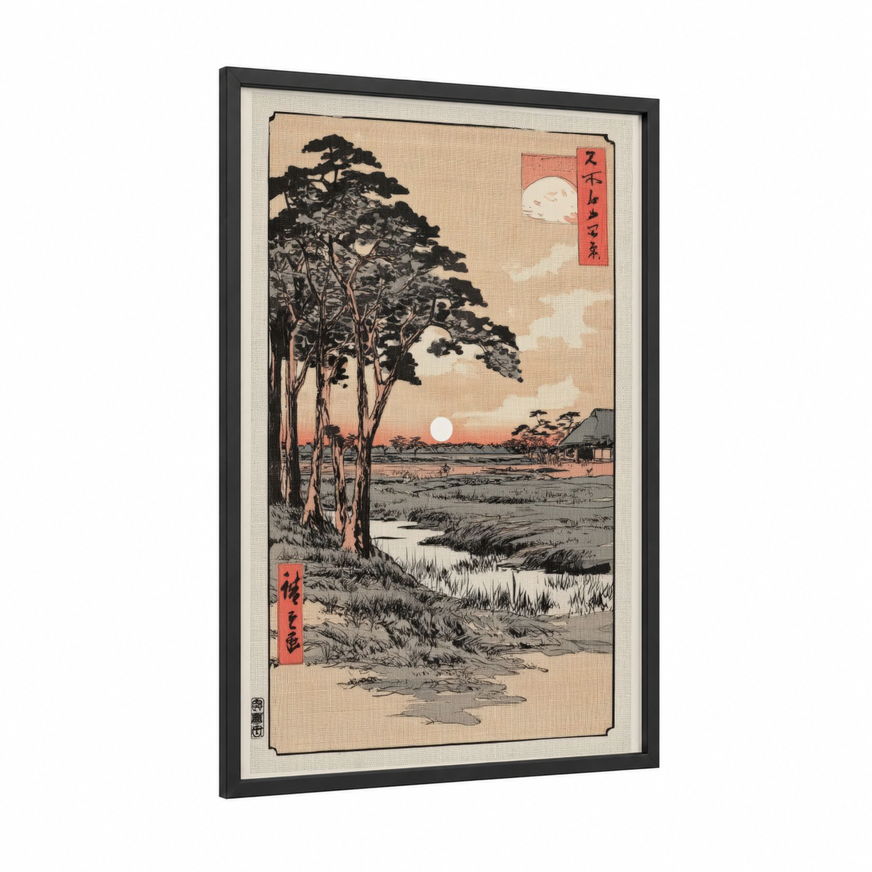 Sunset Pine Landscape framed various landscapes print — black wood frame — gold and black and white palette