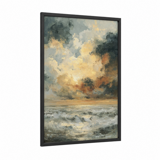 Golden Sunrise Seascape framed art print — black wood frame — gold and gray palette