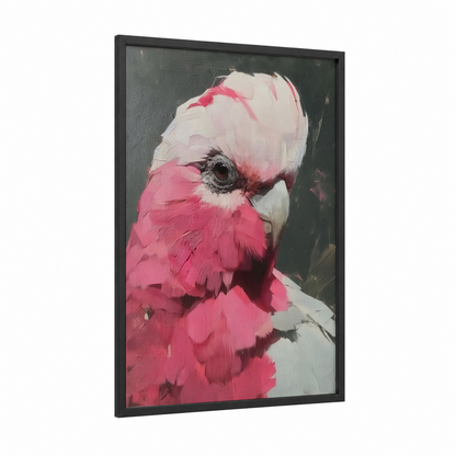 Pink Cockatoo Portrait framed safari parrots print — black wood frame — magenta and gray palette