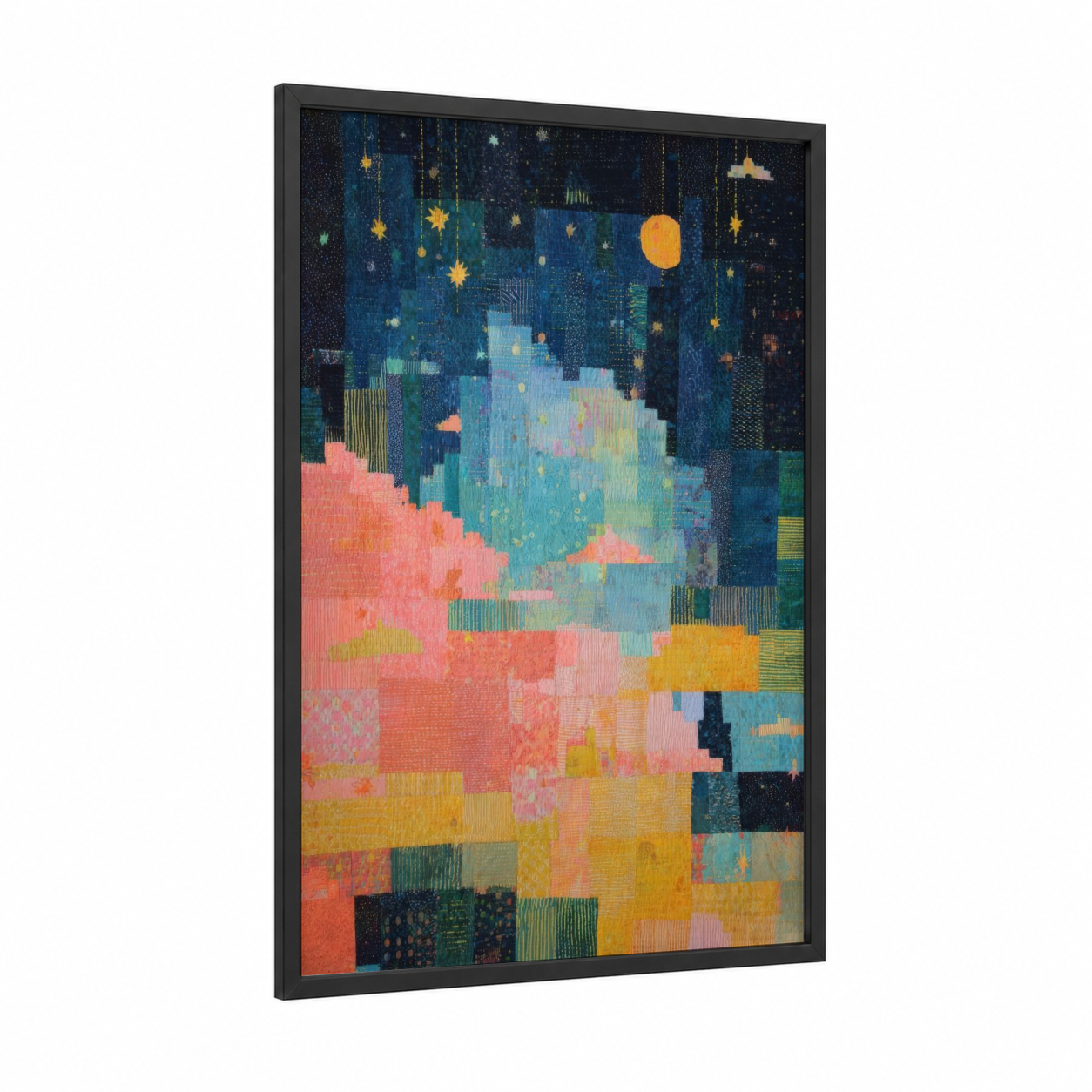 Cosmic Nebula Dreams framed art print — black wood frame — blue and gold and salmon pink palette