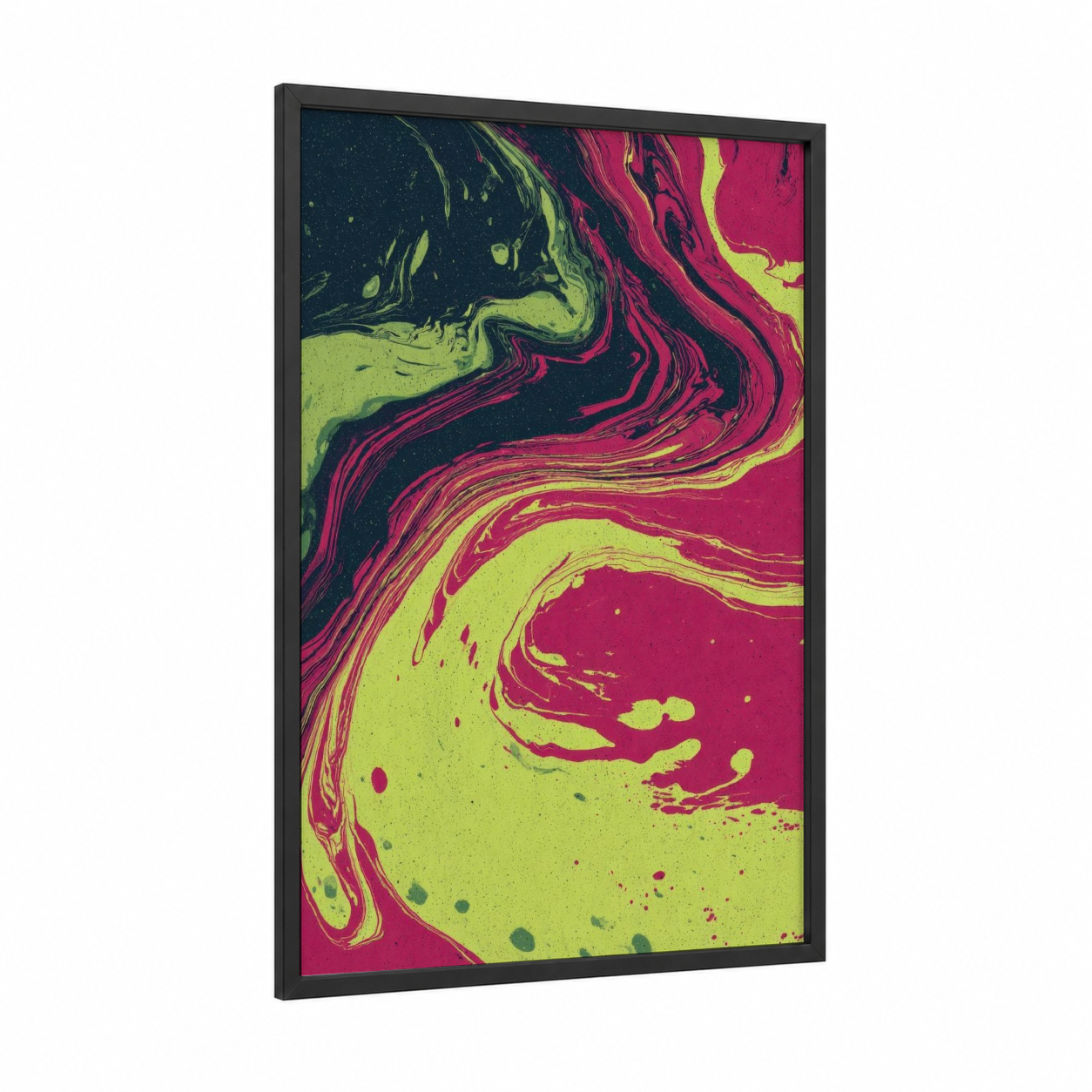 Neon Fluid Abstract framed body art print — black wood frame — magenta and lime green palette
