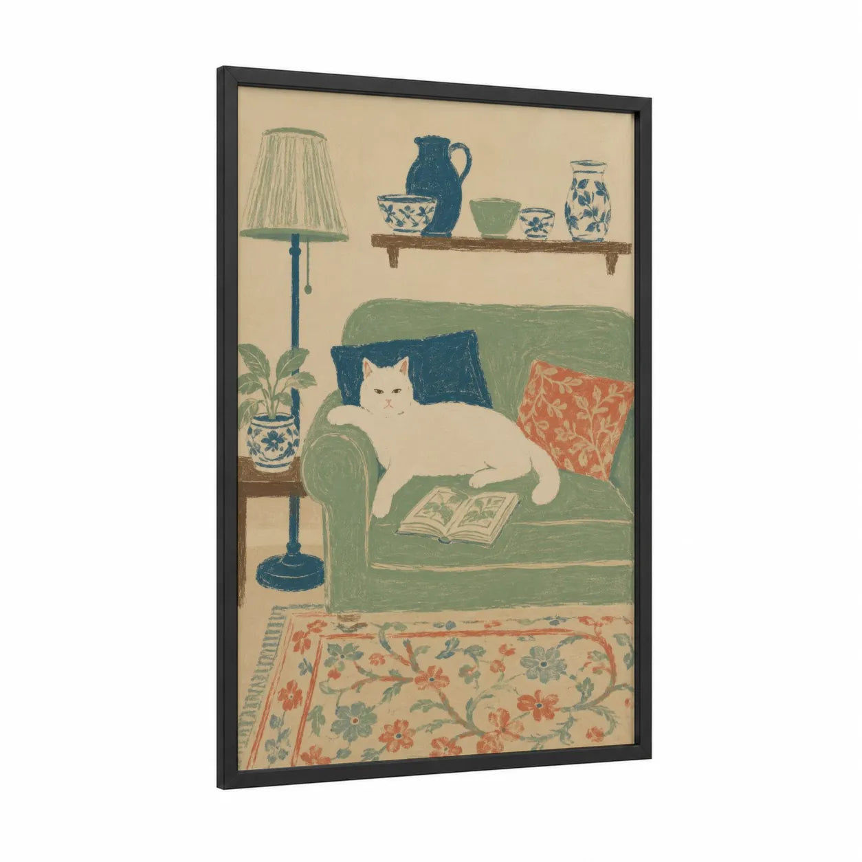 Cozy Reading Cat Wall Art framed art print — black wood frame — sage green and blue palette