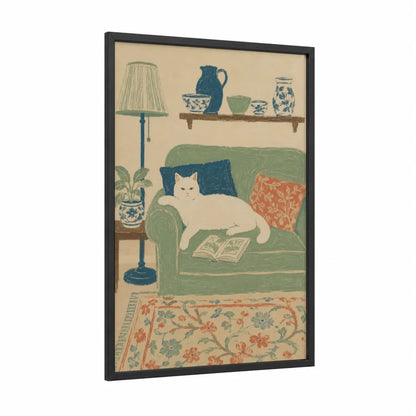 Cozy Reading Cat Wall Art framed art print — black wood frame — sage green and blue palette