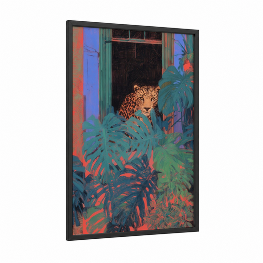 Neon Leopard framed art print — black wood frame — teal and red palette