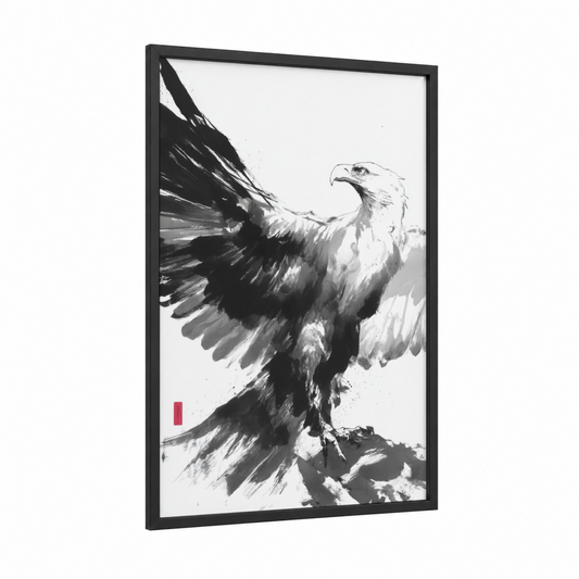 Soaring Eagle framed art print — black wood frame — black and white palette