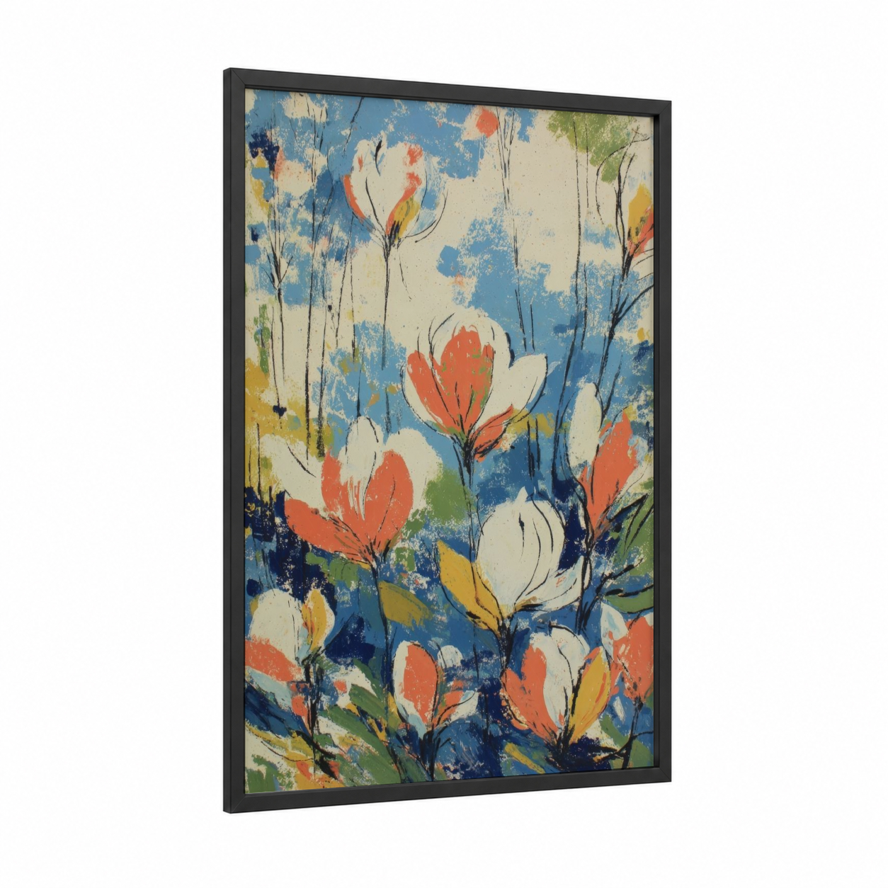 Spring Magnolia Garden framed art print — black wood frame — blue and peach palette