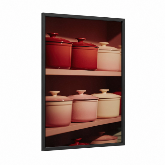 Crimson Kitchen Vessels framed kitchen utensils print — black wood frame — red and peach palette