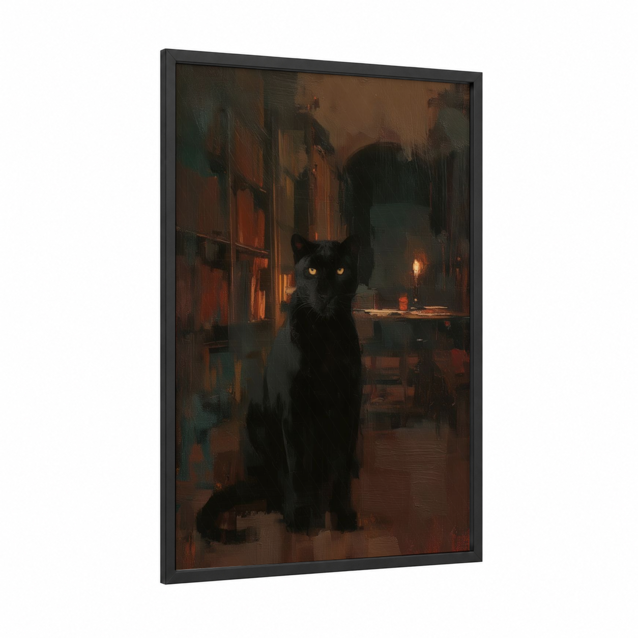 Amber-Eyed Panther framed art print — black wood frame — russet and black palette
