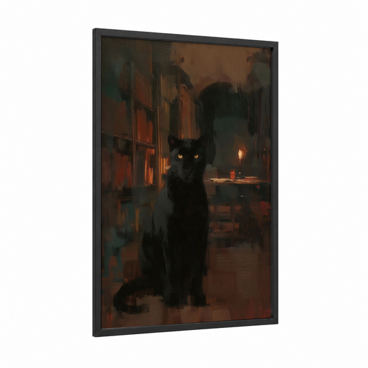 Amber-Eyed Panther framed art print — black wood frame — russet and black palette