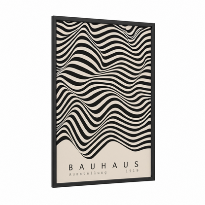 Flowing Waves framed abstract geometric print — black wood frame — black and white and cream palette