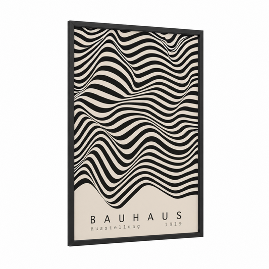 Flowing Waves framed abstract geometric print — black wood frame — black and white and cream palette