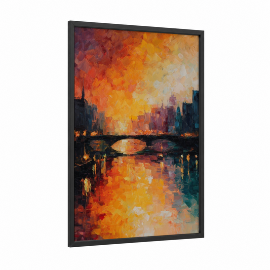 Sunset Cityscape framed rainbow print — black wood frame — orange and gold palette