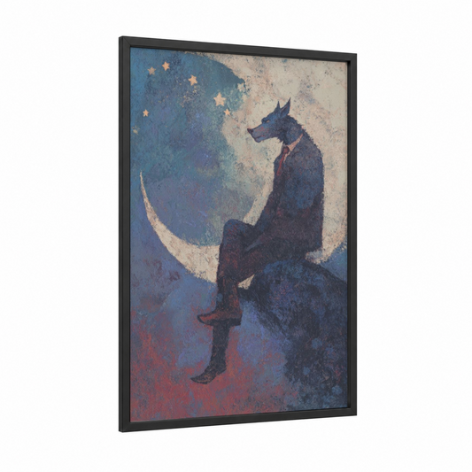 Moonlit Werewolf framed art print — black wood frame — blue and maroon palette