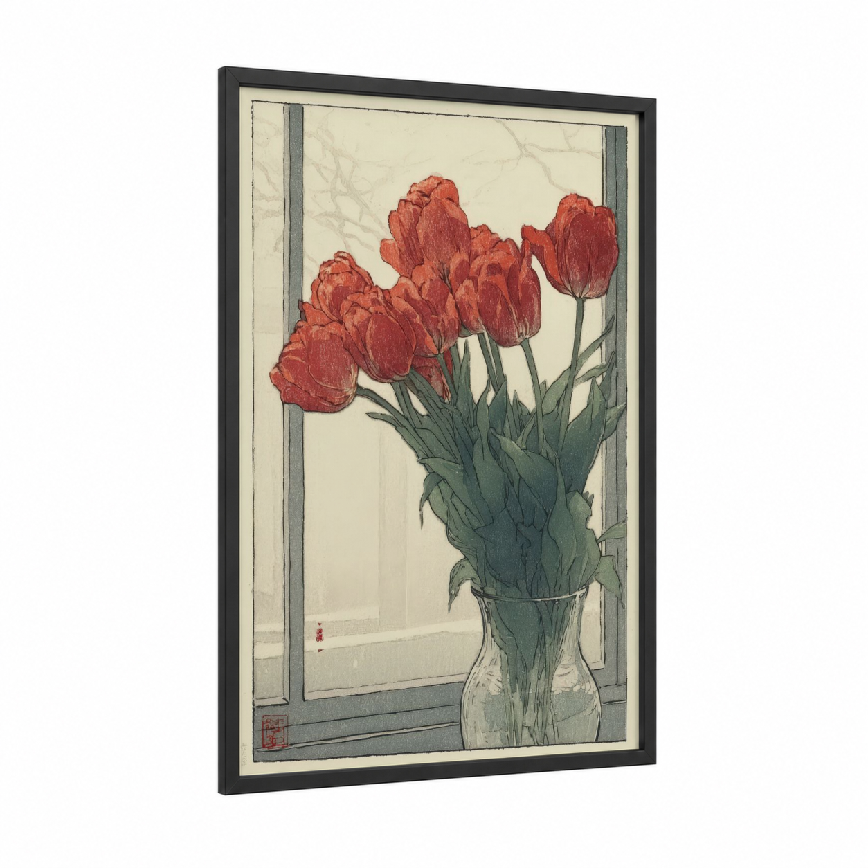 Window Tulips framed art print — black wood frame — red and cream palette