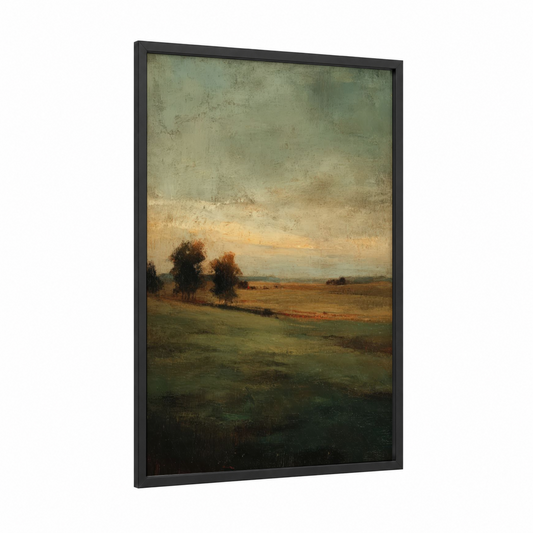 Golden Grain Field framed art print — black wood frame — cream and olive palette