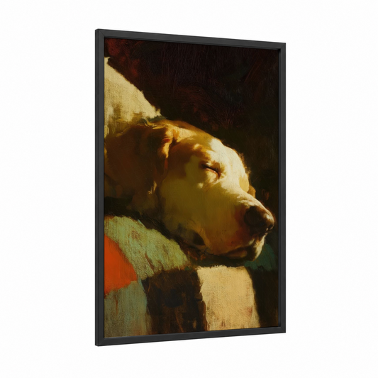 Golden Spaniel Portrait framed art print — black wood frame — gold and maroon palette