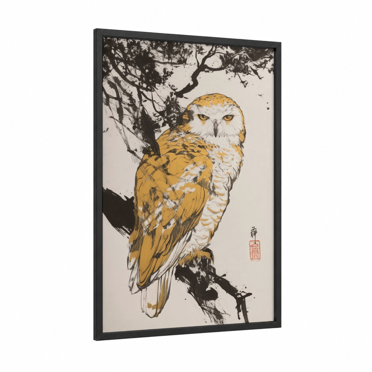 Golden Barn Owl framed art print — black wood frame — gold and black and white palette