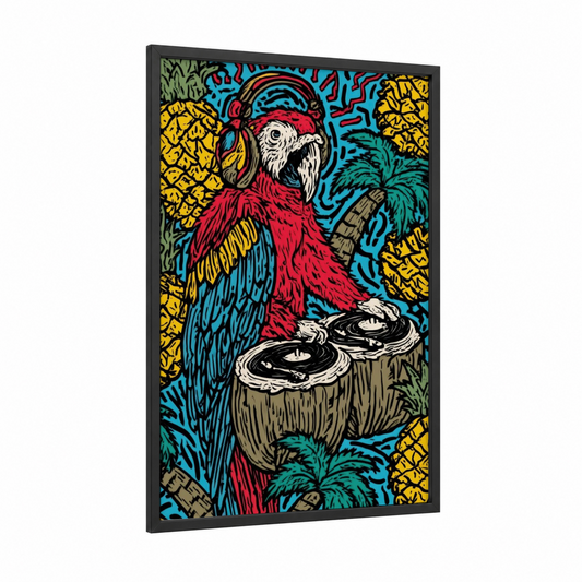 DJ Macaw framed art print — black wood frame — blue and yellow gold palette
