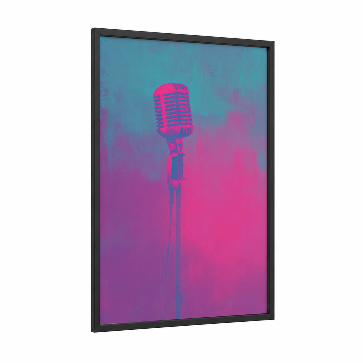 Neon Microphone framed art print — black wood frame — magenta and teal palette