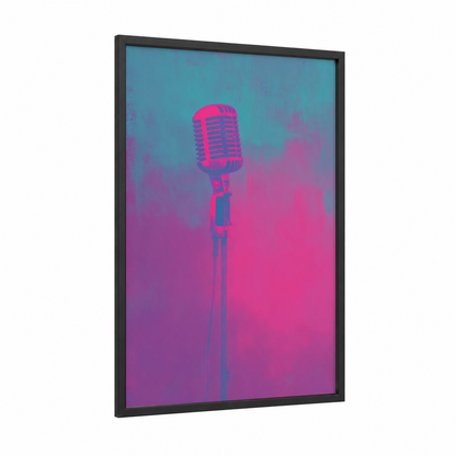 Neon Microphone framed art print — black wood frame — magenta and teal palette