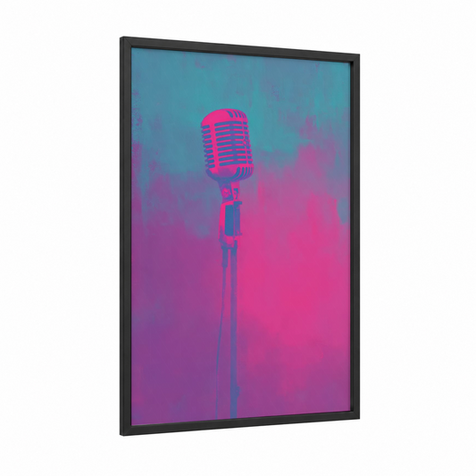 Neon Microphone framed art print — black wood frame — magenta and teal palette
