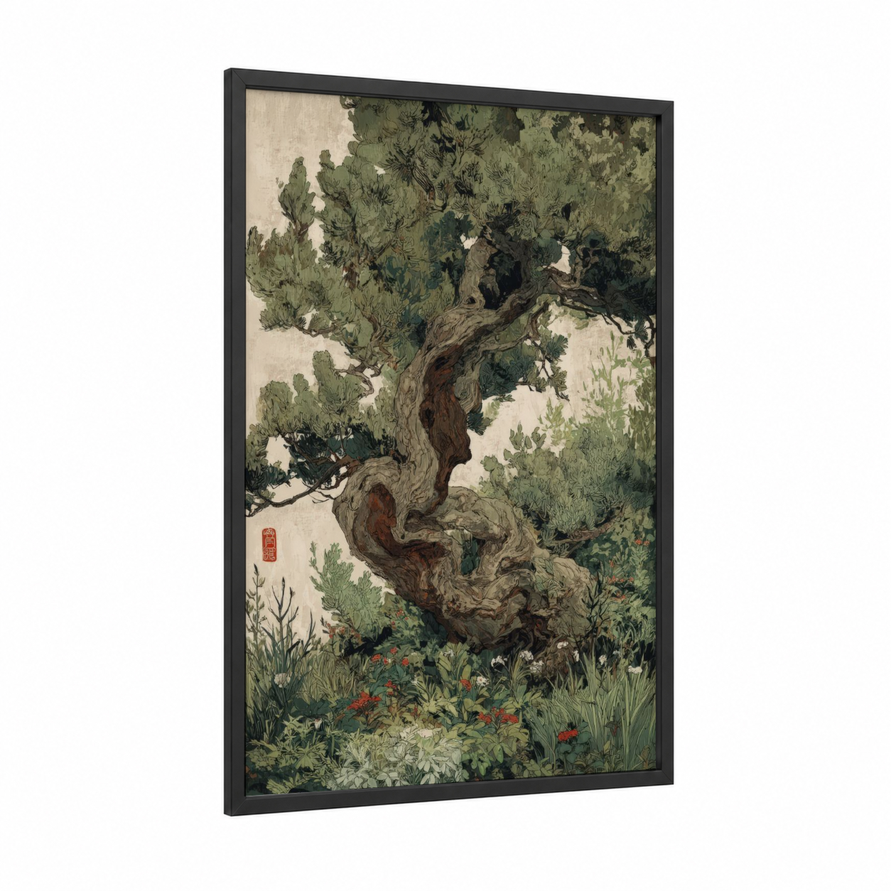 Ancient Juniper Guardian framed juniper tree print — black wood frame — sage green and brown palette
