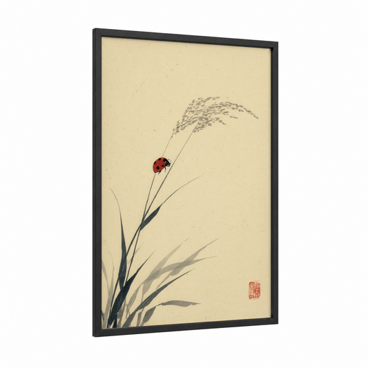 Crimson Ladybug framed art print — black wood frame — cream and gray palette