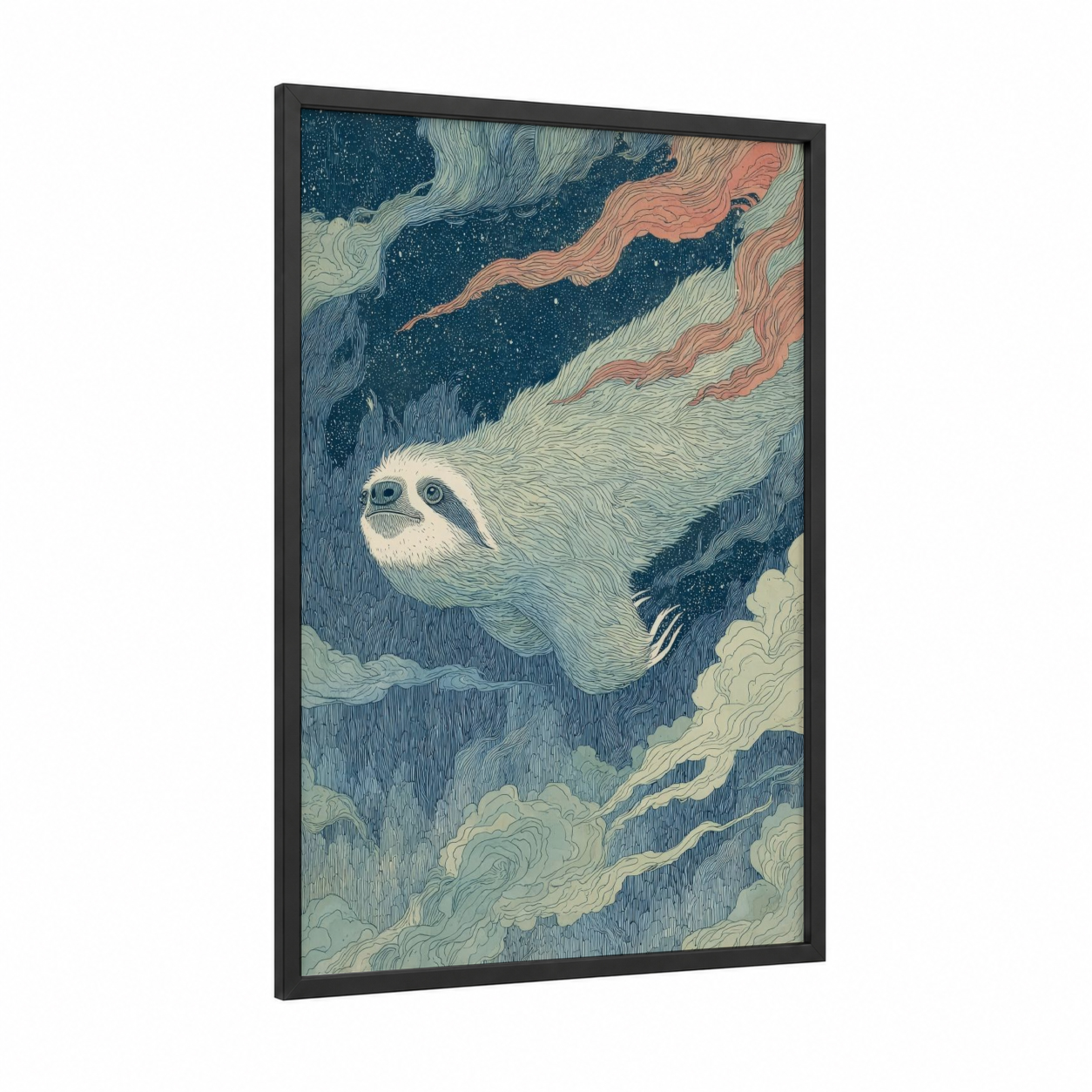Dreaming Sloth framed art print — black wood frame — blue and cream palette