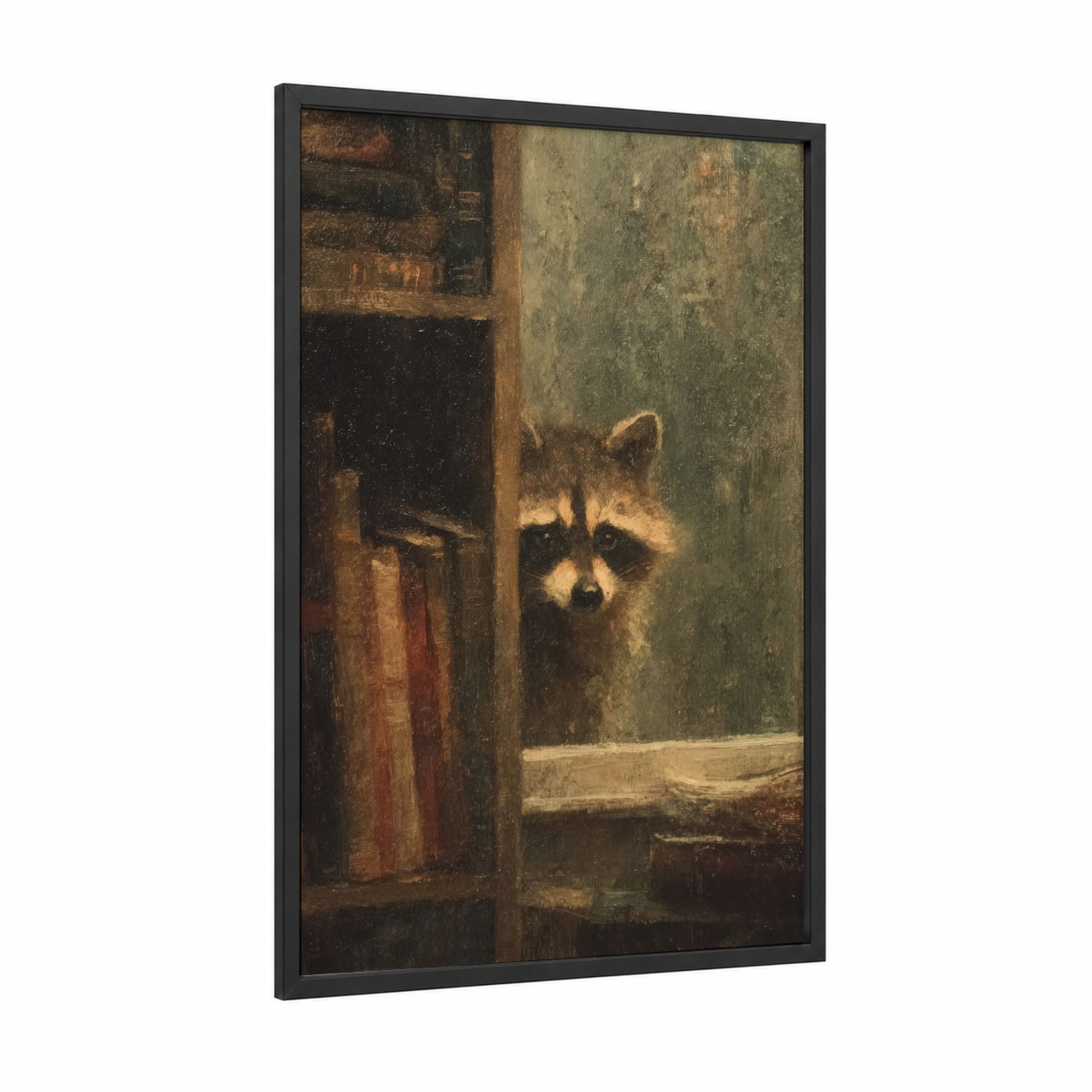 Curious Raccoon framed art print — black wood frame — brown and olive palette