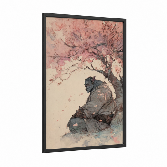 Contemplative Orc framed art print — black wood frame — salmon pink and dove gray palette
