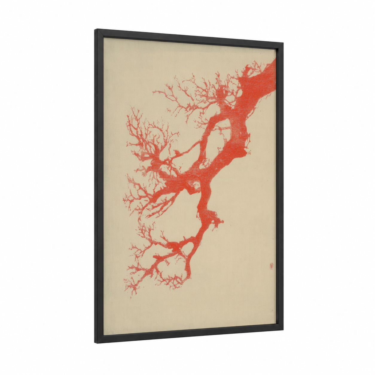 Crimson Coral Network framed art print — black wood frame — red and cream palette